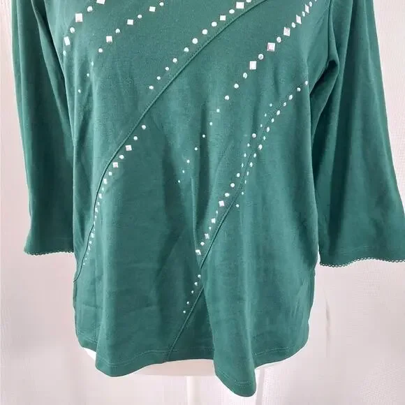 NWT@$54! ALFRED DUNNER! EMERALD GREEN 3/4 SLEEVED, SILVER STUDDED TOP SZ PS - Picture 4 of 9